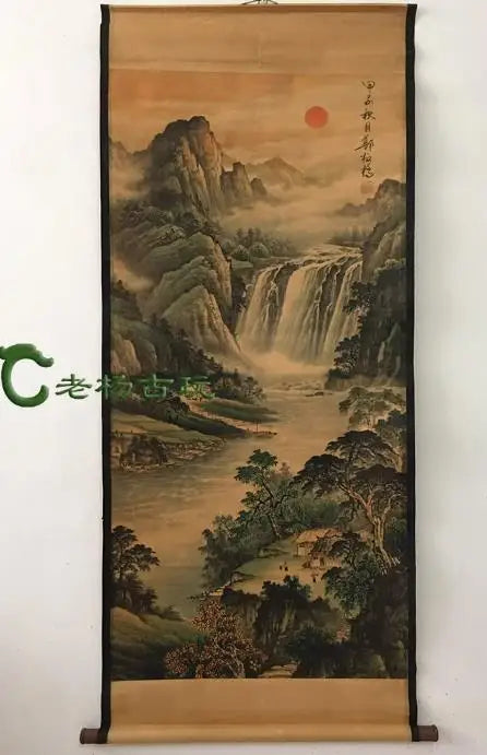 Antique Hand-painted Chinese Scroll painting, long axis of Landscape pine tree, #09