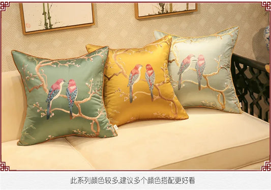 Chinese-Style Sparrow Embroidered Cushion Cover – Blackish-Green Throw Pillow Case