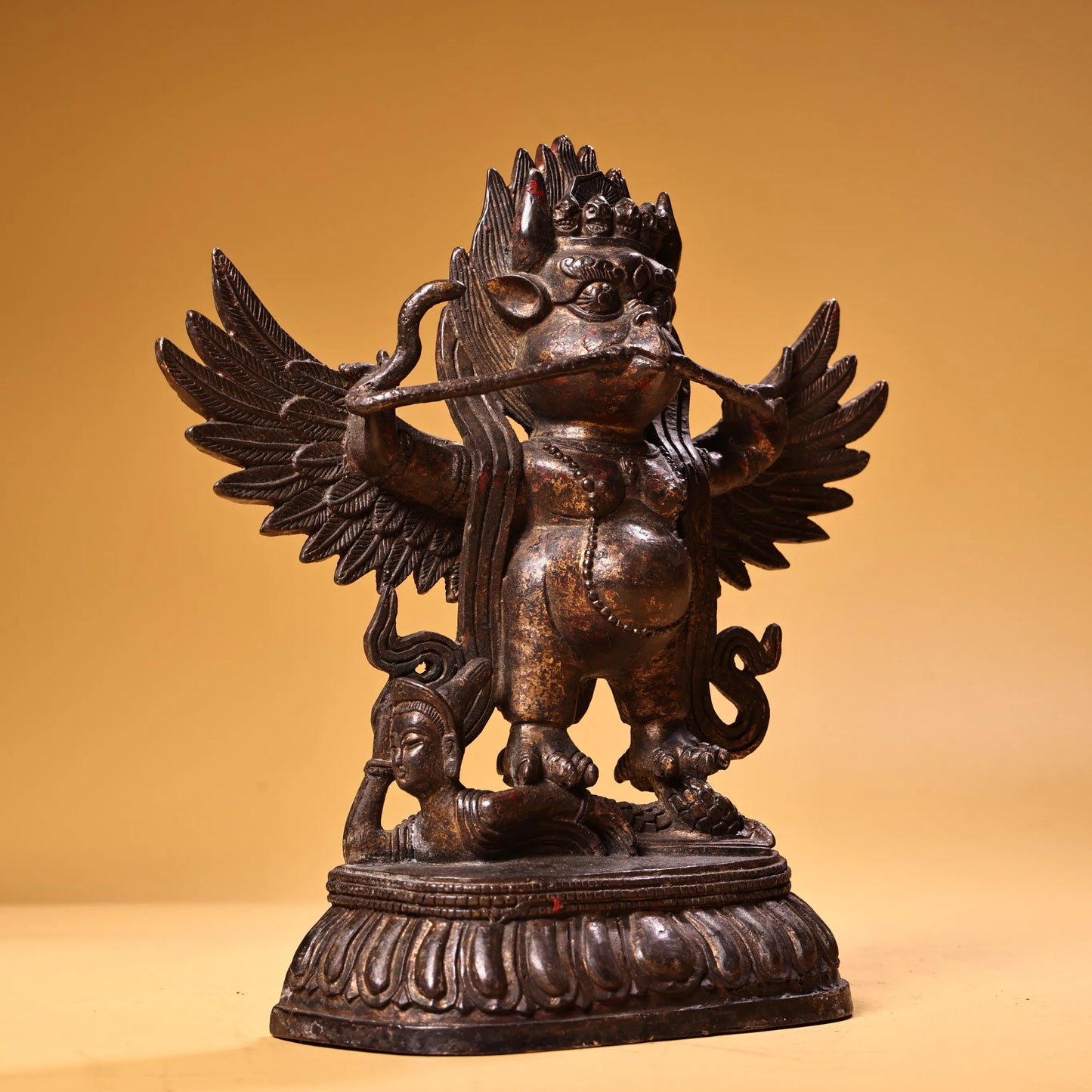 9" Bronze Cinnabar Garuda Dhwaja – Temple Protector on Lotus