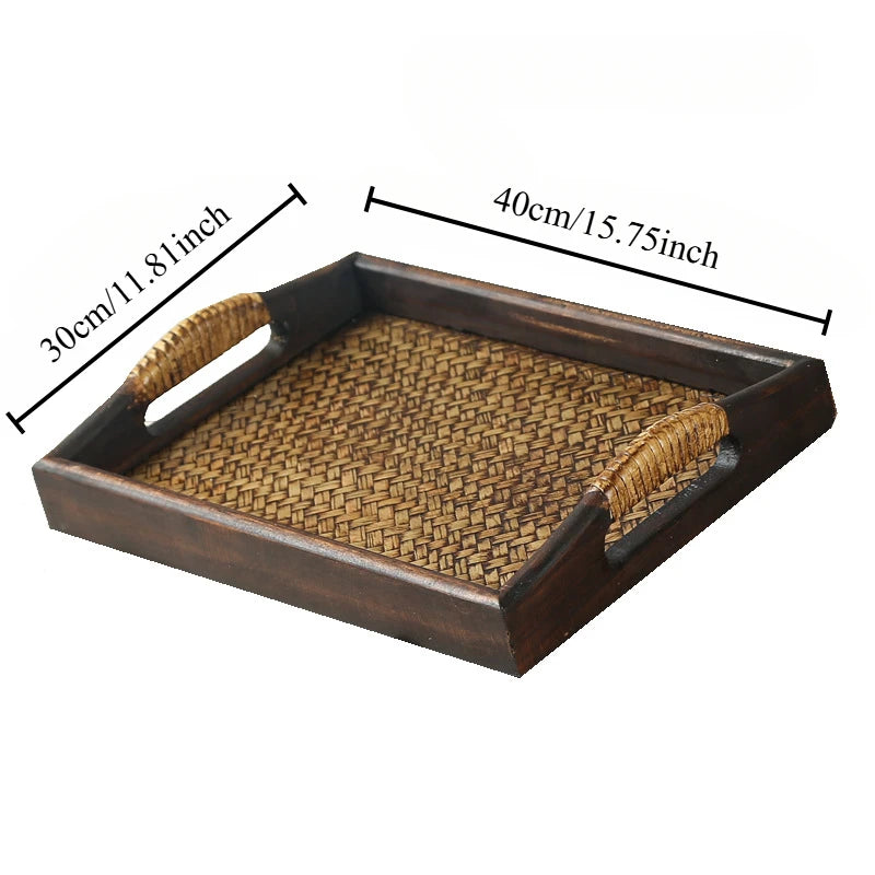 Southeast Asian Wooden Storage Tray - Handicraft Rattan Tea Tray for Water Cups and Tea Cups