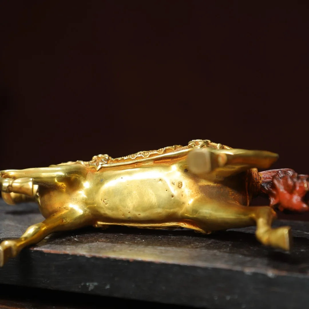 Tibetan Bronze Gilded Cinnabar Tang Horse Statue (10")