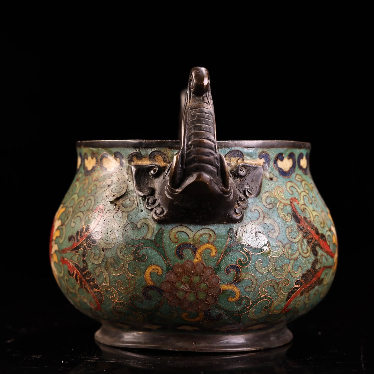 7"Tibetan Temple Collectio Old Bronze Cloisonne Enamel Lotus pattern Elephant Head Ear Smoker Incense Burner Town house