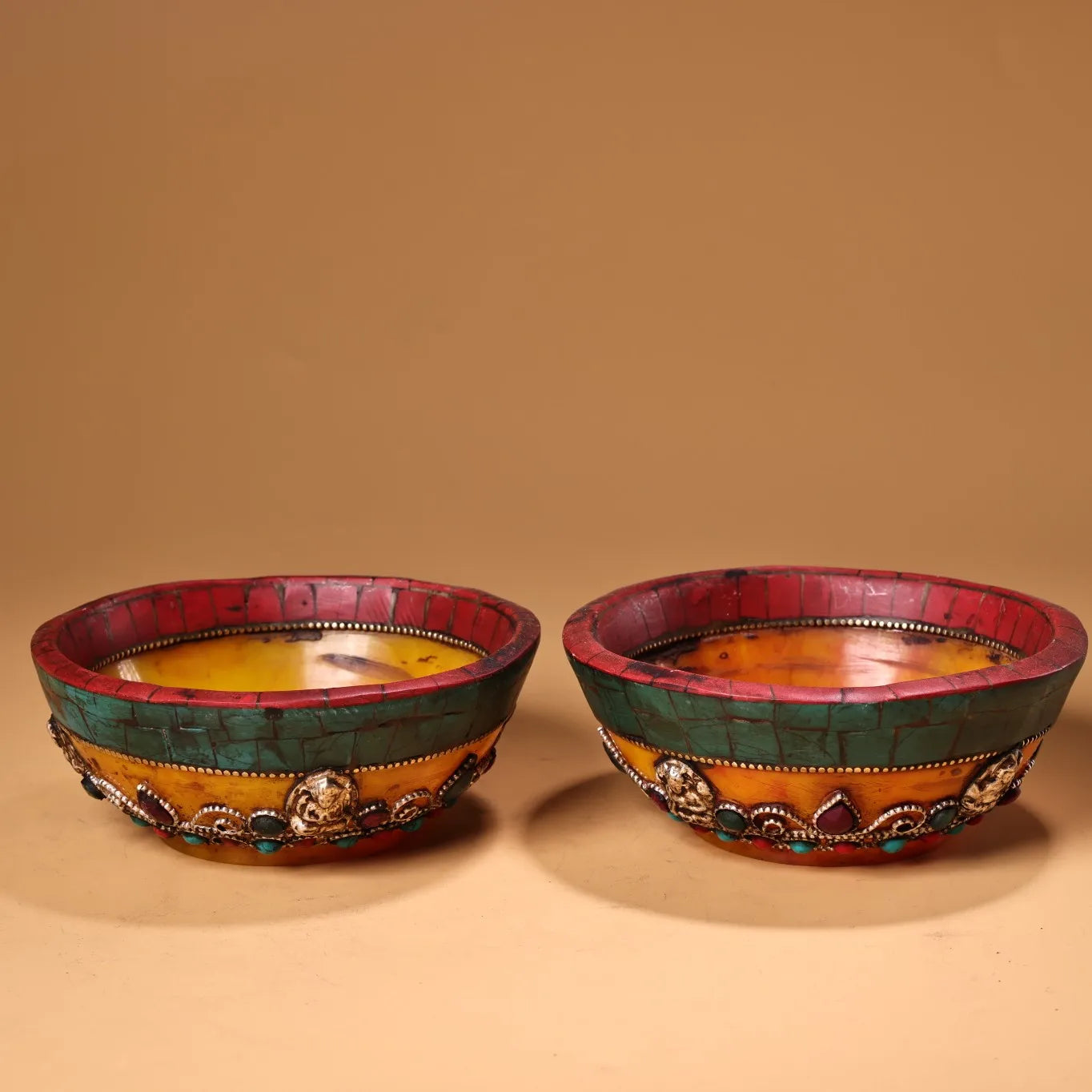 Tibetan Beeswax Gem Filigree Butter Bowls (Pair, 4")