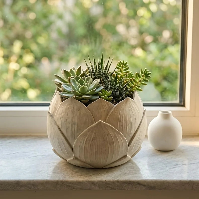 Creative Lotus Flower Resin Planter Pot – Zen Succulent & Cactus Window Sill Pot with Drain Hole
