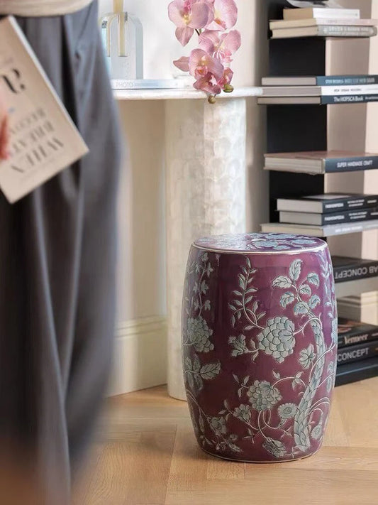 Hand-Painted Lavender Floral Ceramic Drum Stool | Botanical Accent Side Table