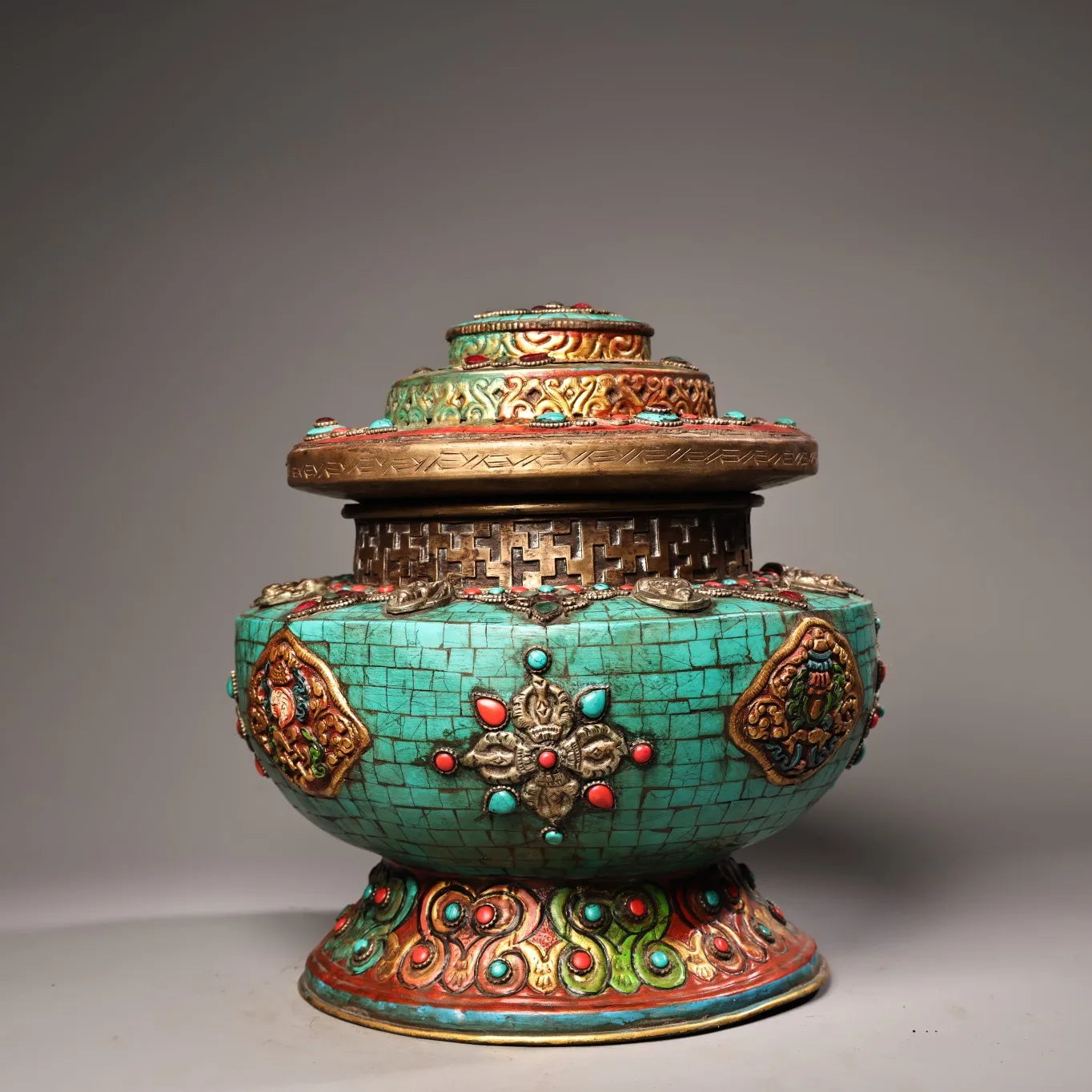 Tibetan Bronze Turquoise Eight Treasures Buddha Jar (10")