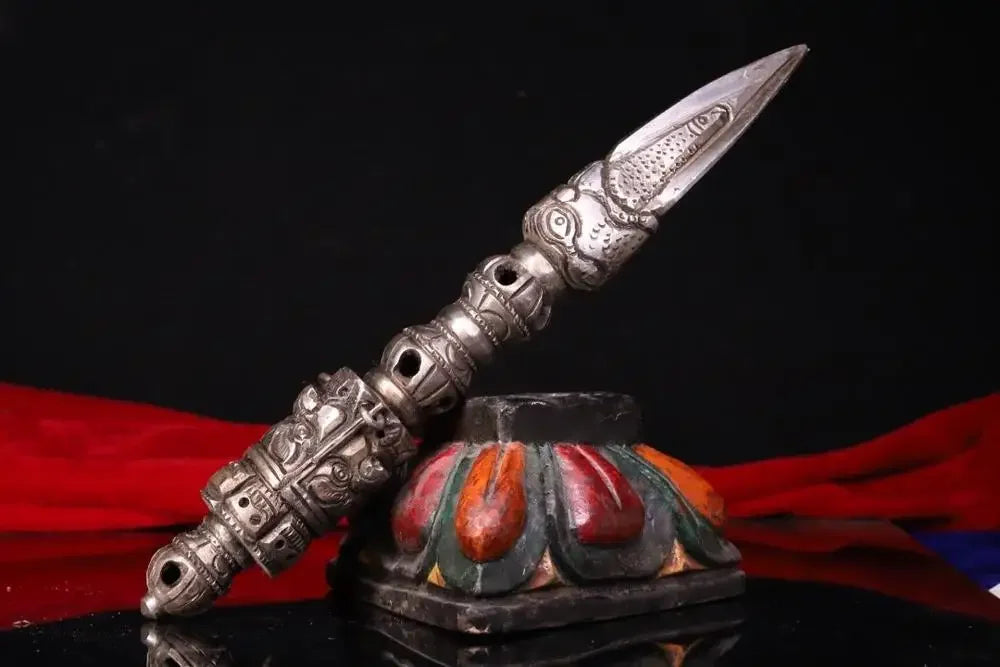 11"Tibetan Temple Collection Old Tiantie Cinnabar Mahakala Buddha Dorje  Vajra Phurpa Amulet Dharma Worship Hall Town House