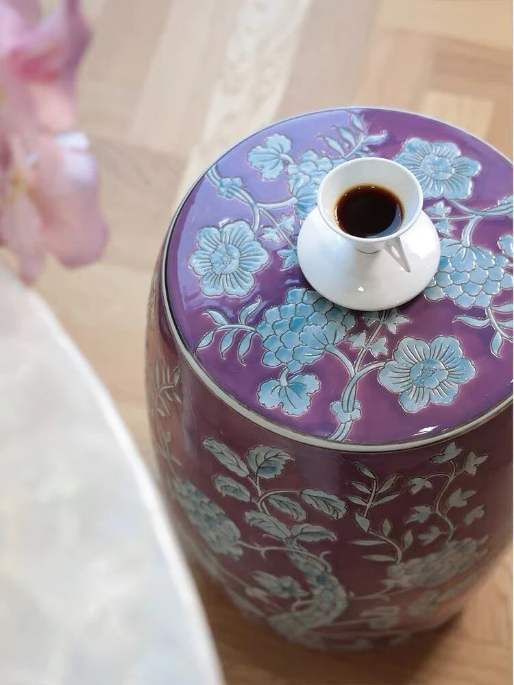 Hand-Painted Lavender Floral Ceramic Drum Stool | Botanical Accent Side Table