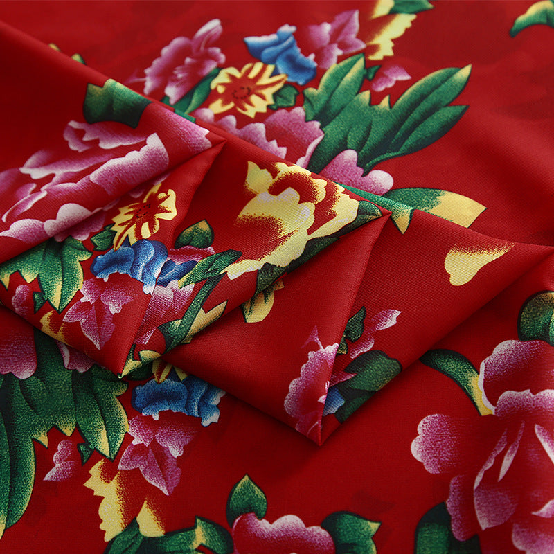 Red Chinese Style Gorgeous Flowers Chiffon Fabric