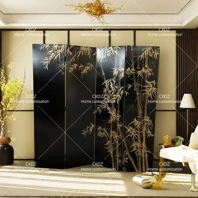 Hand-Painted Golden Bamboo Black Lacquer Folding Screen | 4-Panel Room Divider
