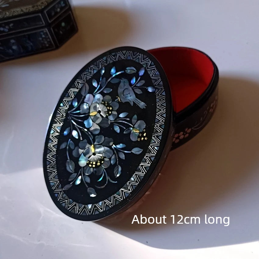 Handmade Lacquerware Inlaid Shell Oval Bracelet Storage Box Mother of Pearl Shell Inlay Jewelry Box Gift