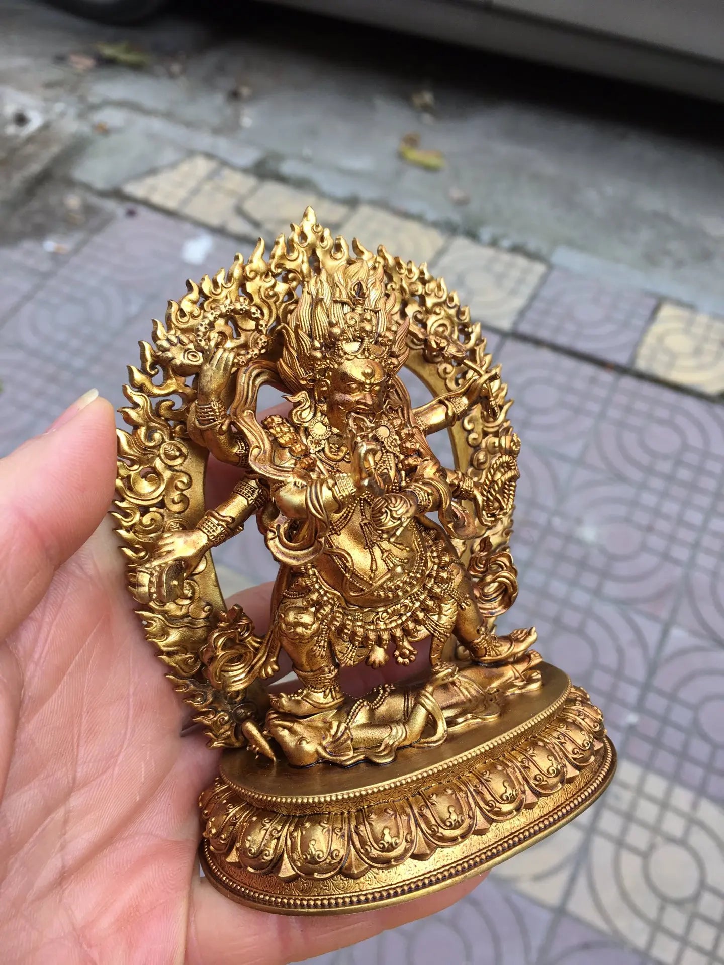 4" Tibetan Temple Collection Old Bronze Gilded Six-Armed Mahakala on Lotus Terrace
