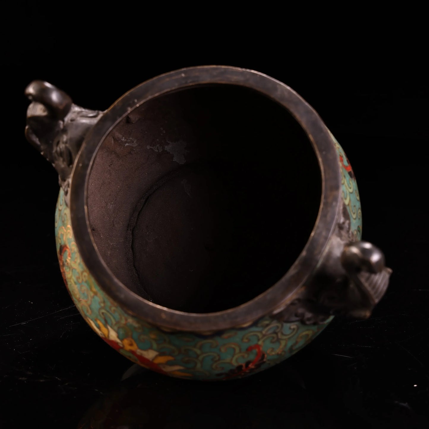 7"Tibetan Temple Collectio Old Bronze Cloisonne Enamel Lotus pattern Elephant Head Ear Smoker Incense Burner Town house
