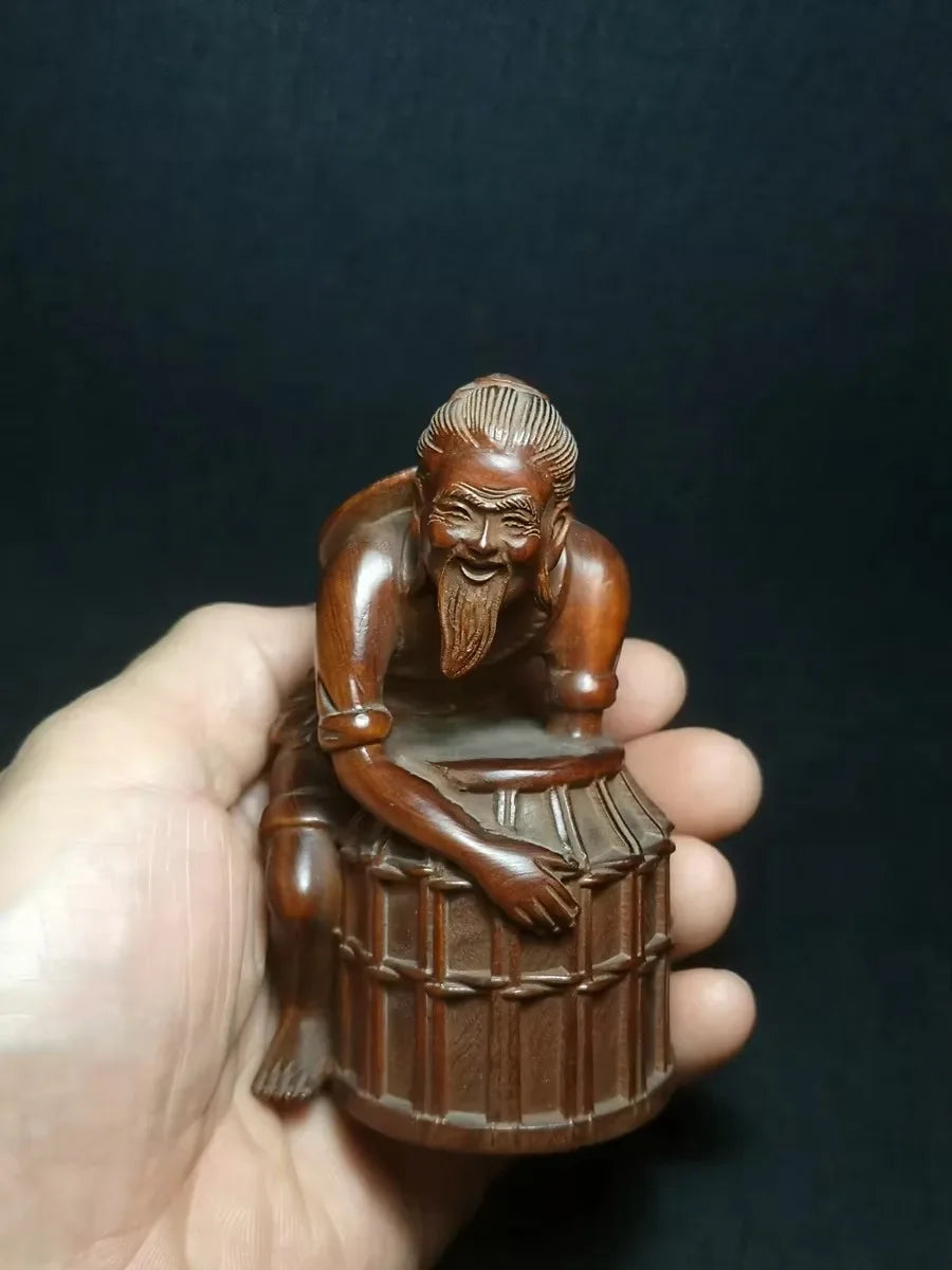 Size 4 Inch Old Japanese Boxwood Hand Carved Old Fisherman Figure Statue Netsuke Collectable
