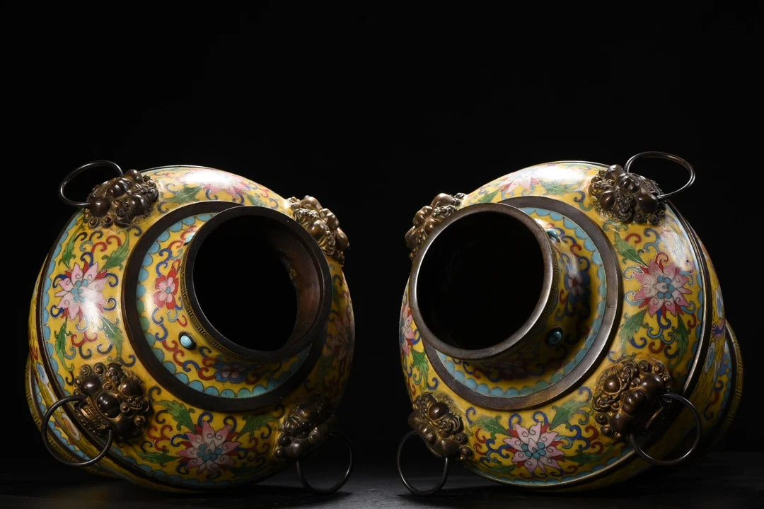 Tibetan Bronze Cloisonné Dragon & Phoenix Vases (Pair, 12")