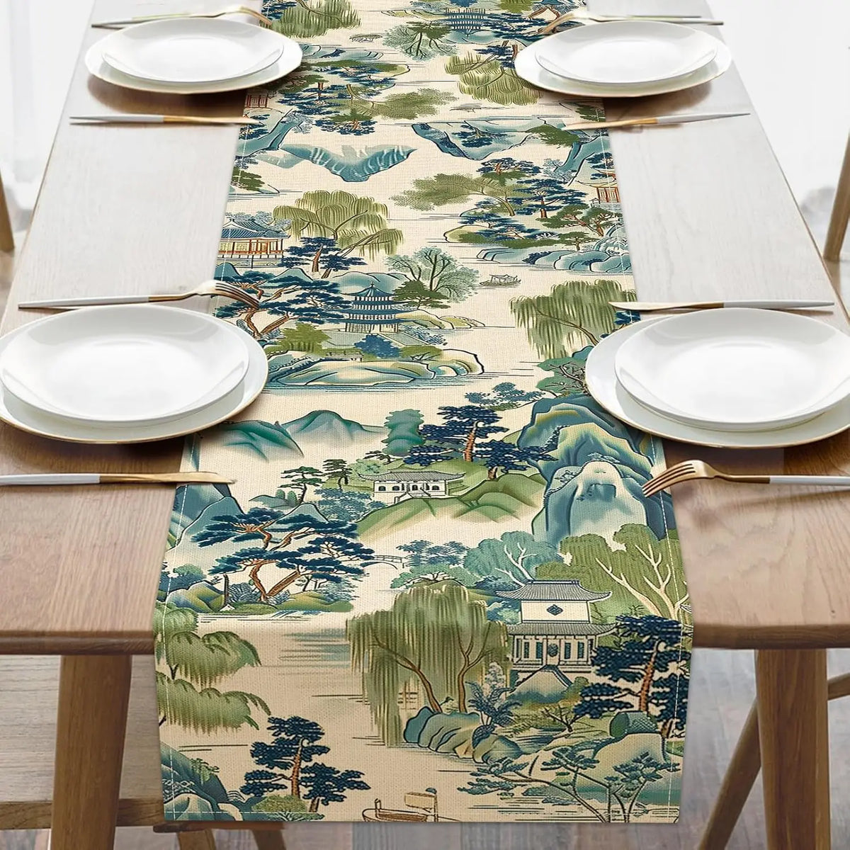 Chinoiserie Shan Shui Landscape Linen Table Runner | Blue, Green & White Dining Decor