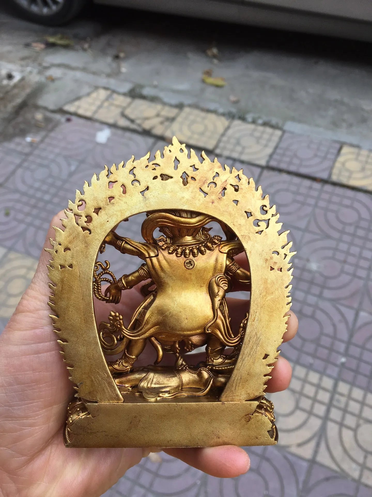 4" Tibetan Temple Collection Old Bronze Gilded Six-Armed Mahakala on Lotus Terrace