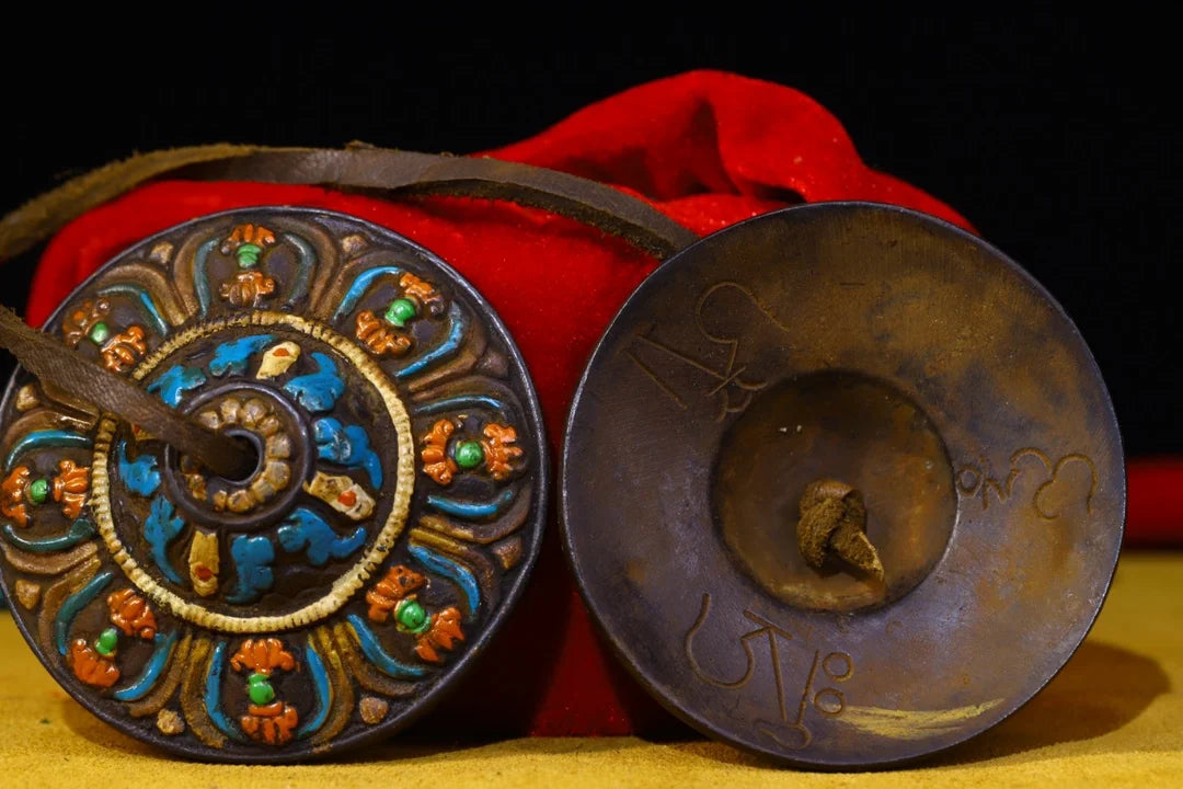 Tibetan Bronze Cinnabar Eight Treasures Buddha Bell (3")