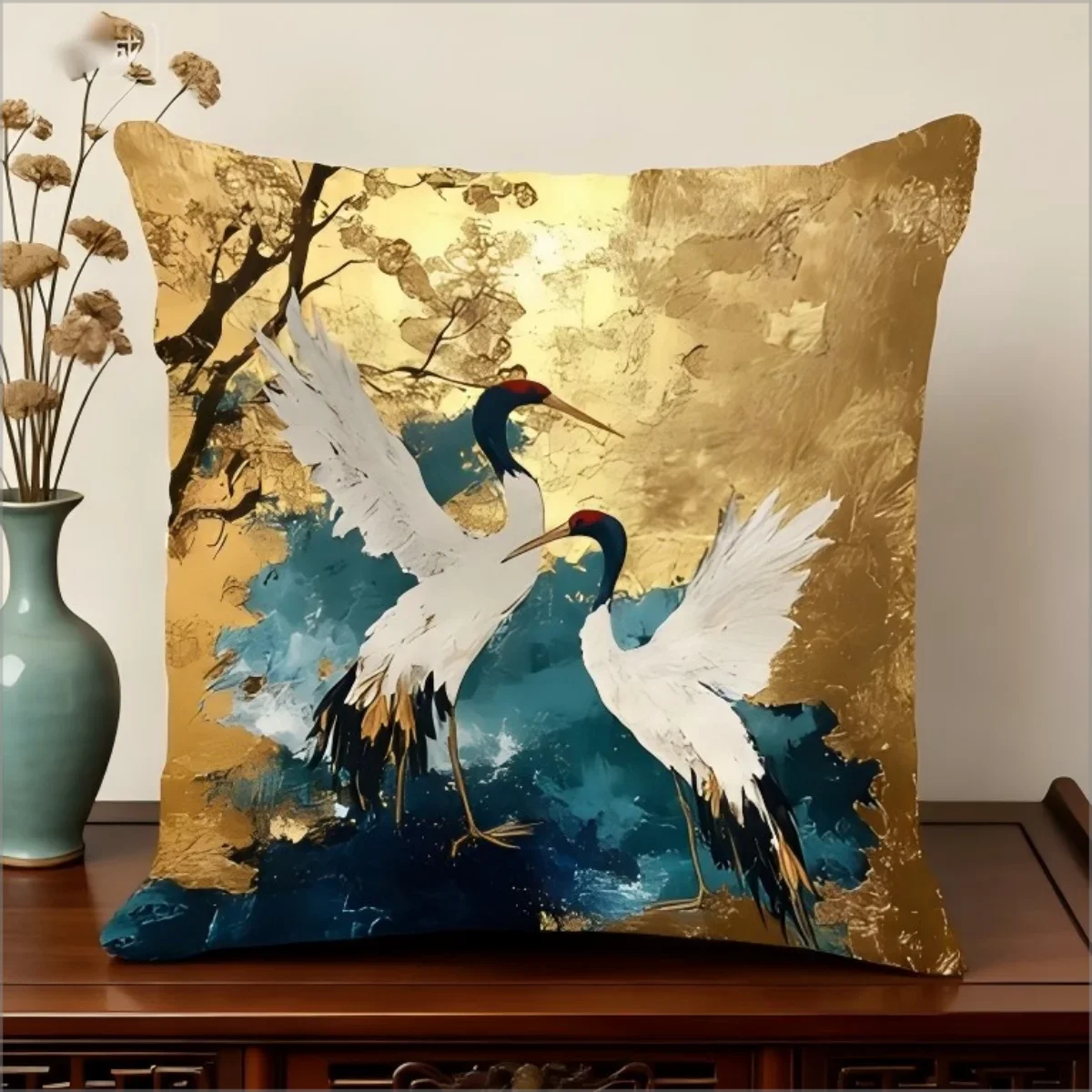 Elegant Oriental Crane Bird Pillowcase 2D Flat Printed Gold Texture Peach Skin Throw Cushion Cover For Couch Bedroom Decor