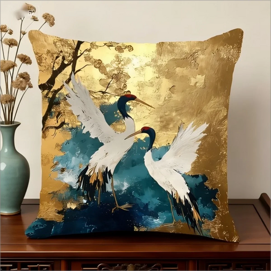 Elegante Orientalische Kranich-Vogel Kissenbezug 2D Flach Bedruckt Gold Textur Pfirsichhaut Kissenhülle für Sofa Schlafzimmer Deko