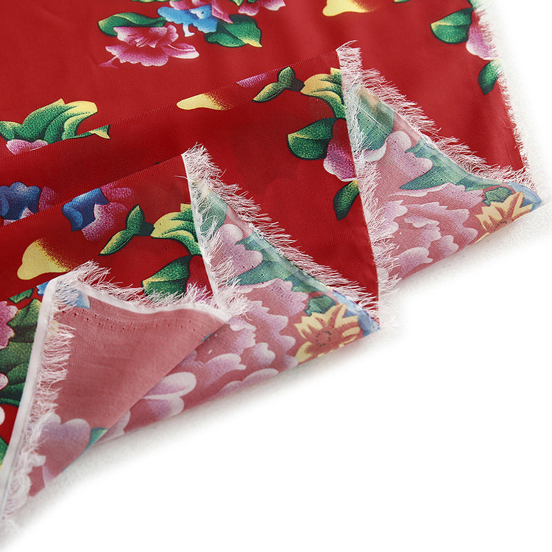 Red Chinese Style Gorgeous Flowers Chiffon Fabric