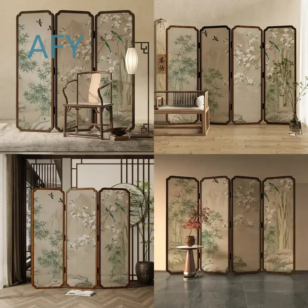 Zen Wood Folding Screen Partition | Floral & Bird Room Divider