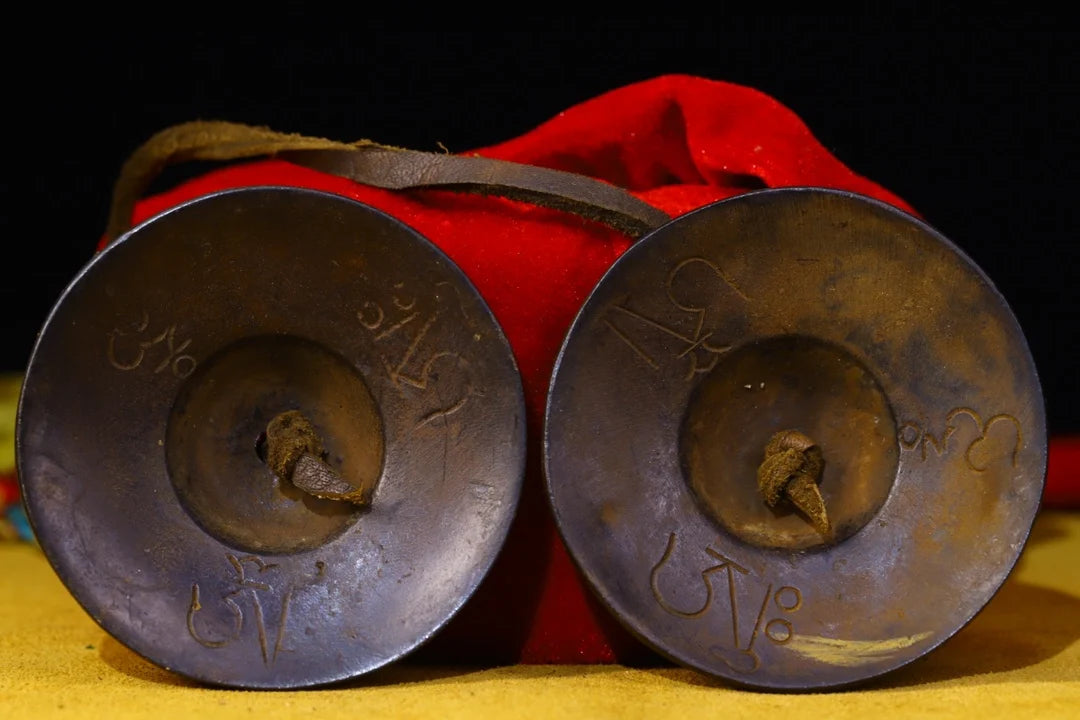 Tibetan Bronze Cinnabar Eight Treasures Buddha Bell (3")
