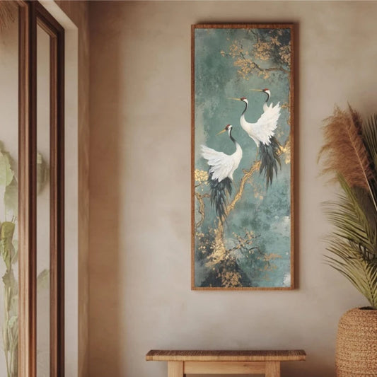 Póster decorativo de grulla dorada de estilo japonés, pintura en lienzo de lujo sin marco vertical para recibidor o pasillo