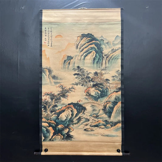 Chinesische Landschaftsschriftrolle im Tang-Yin-Stil – Tusche- & Farb-Hängegemälde
