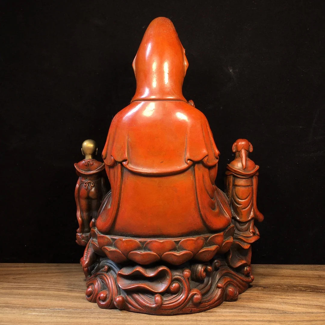 12" Bronze Gilded “Sending Boy” Guanyin – Temple Bodhisattva Statue