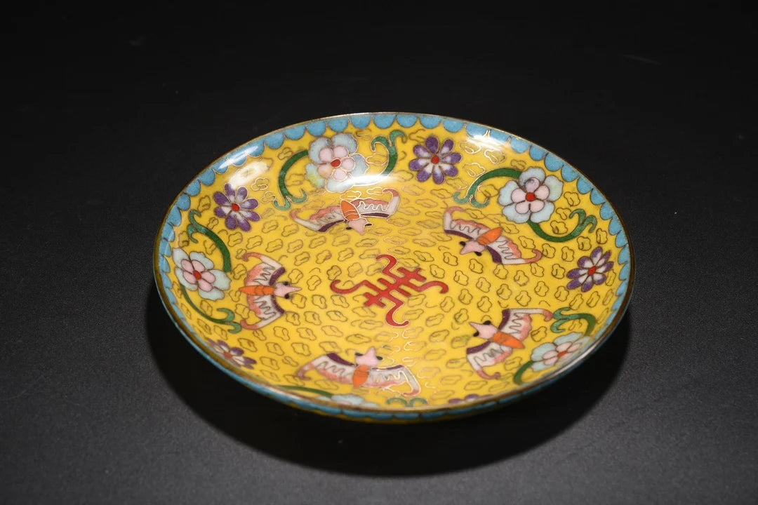 7"Tibetan Temple Collection Old Bronze Cloisonne Enamel Five bat patterns Longevity Reward Plate Amass wealth Ornaments