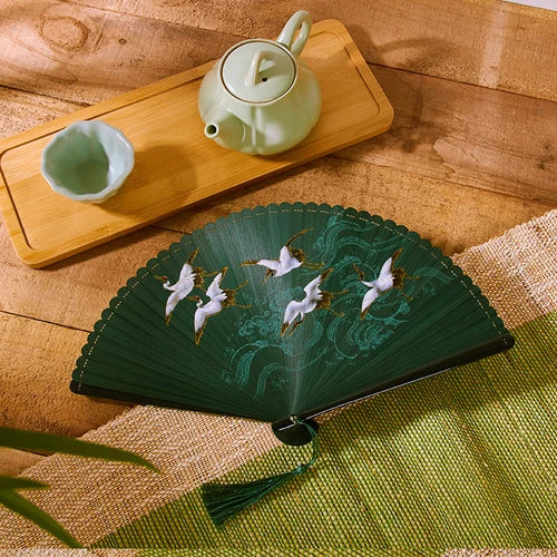 18cm Chinese style retro style all bamboo crane dark green big red bronzing folding fan portable cheongsam dance fan