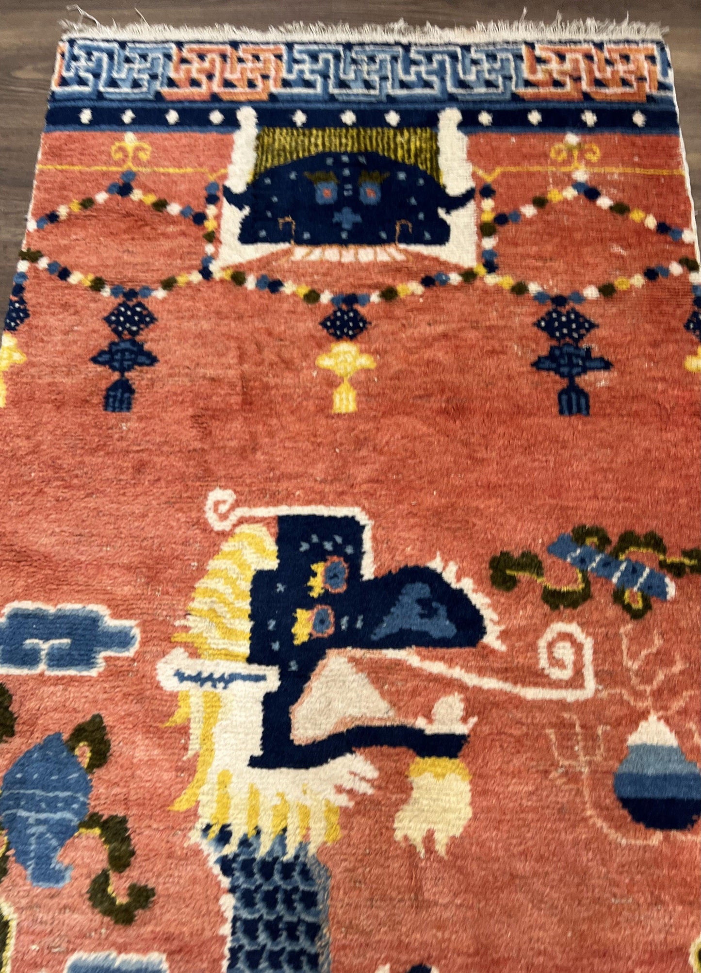 Alfombra de pilar china Ningxia rara de 3x8, finales de la dinastía Qing, dragón de 5 garras, borde de arcoíris de nubes, alfombra antigua coleccionable, lana anudada a mano