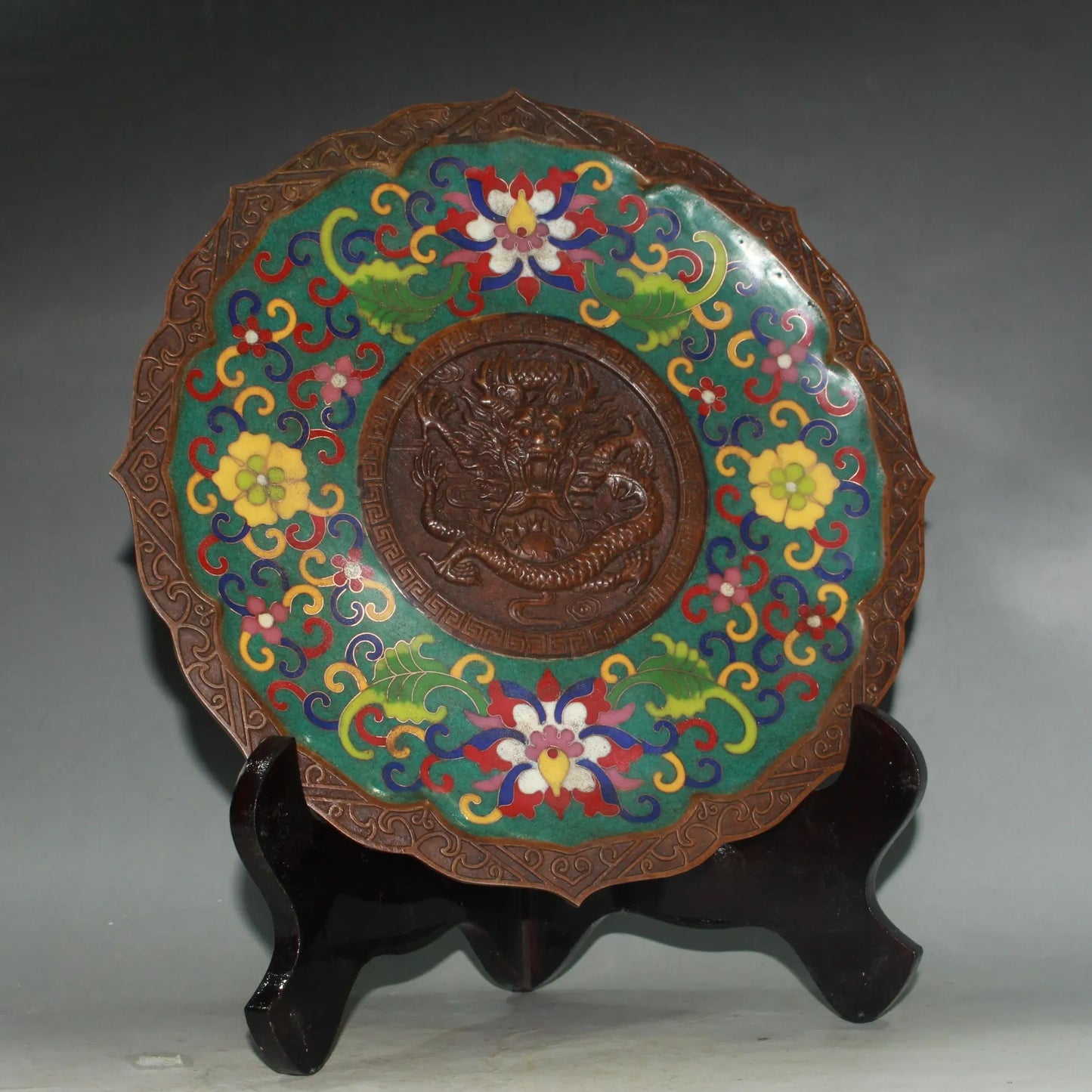 10"Tibetan Temple Collection Old Bronze Cloisonne Enamel Lotus pattern Dragon pattern Plate screen Ornament Town house