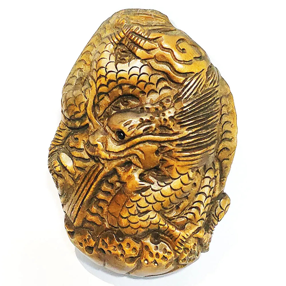 RS260, 2" Hand Carved Japanese Boxwood Netsuke, Dragon Pendant Figurine, 2 Dragons in One Sculpture, Small Ornaments