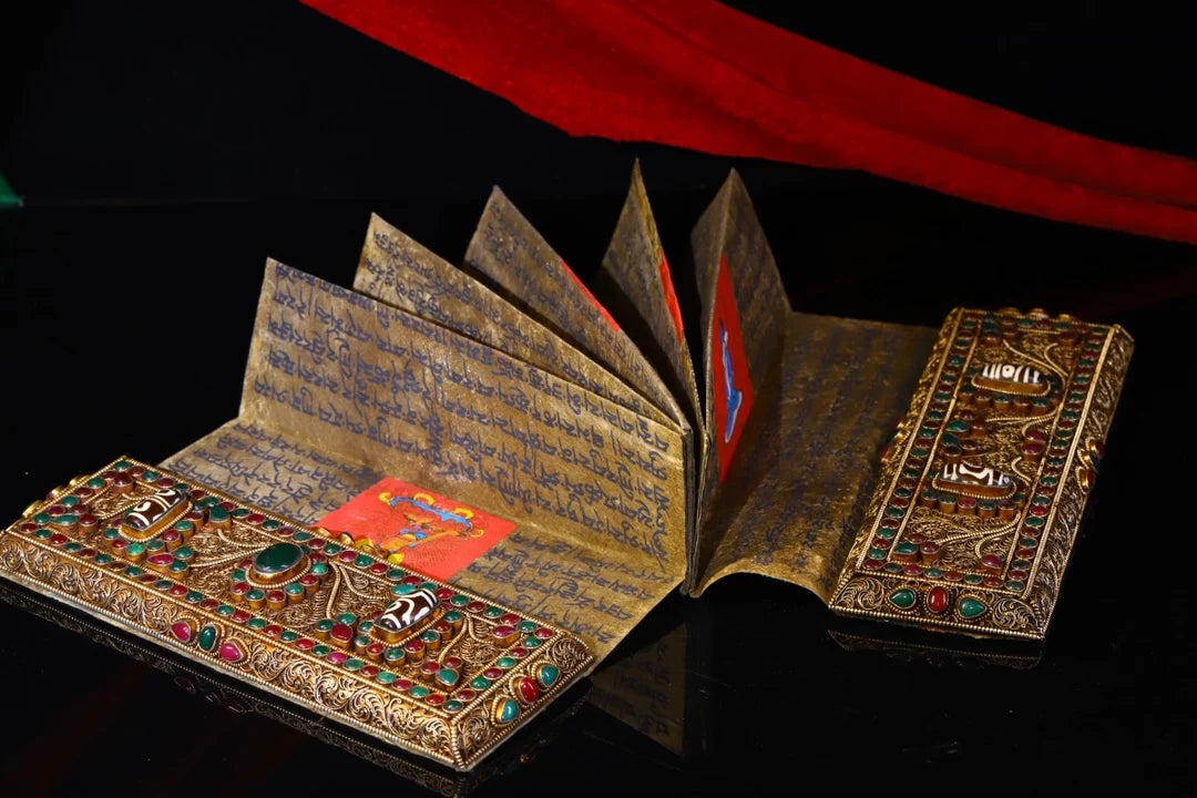 Tibetan Silver Gilded Mosaic Gem Scriptures Amulet (9")