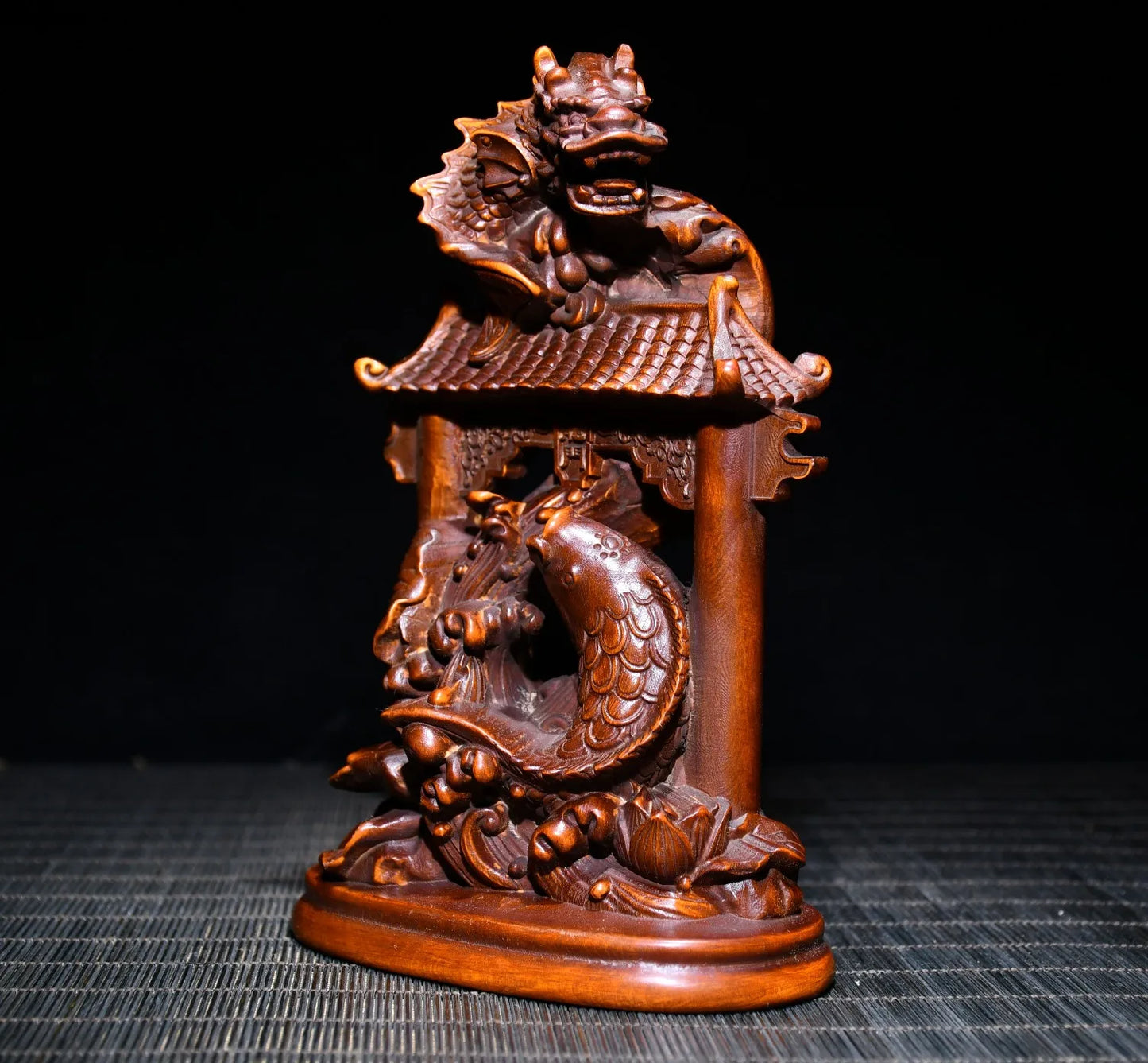 Tibetan Temple Boxwood Carp & Dragon Gate – Promotion & Prosperity Desk Ornament (6")