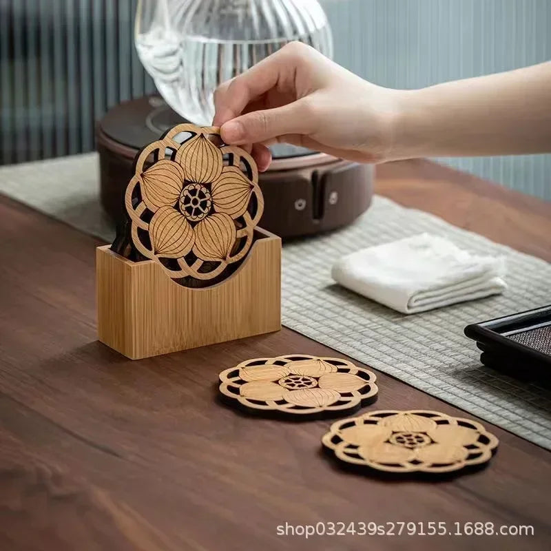 Carved Lotus Wooden Coasters | Natural Wood Tea & Coffee Cup Mats
