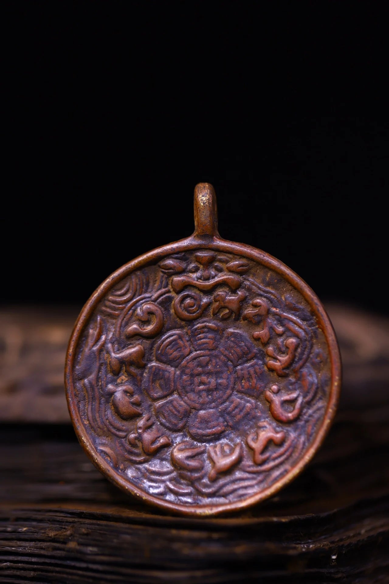 Tibetan Temple Bronze & Cinnabar Dragon Amulet – Buddha Card Pendant