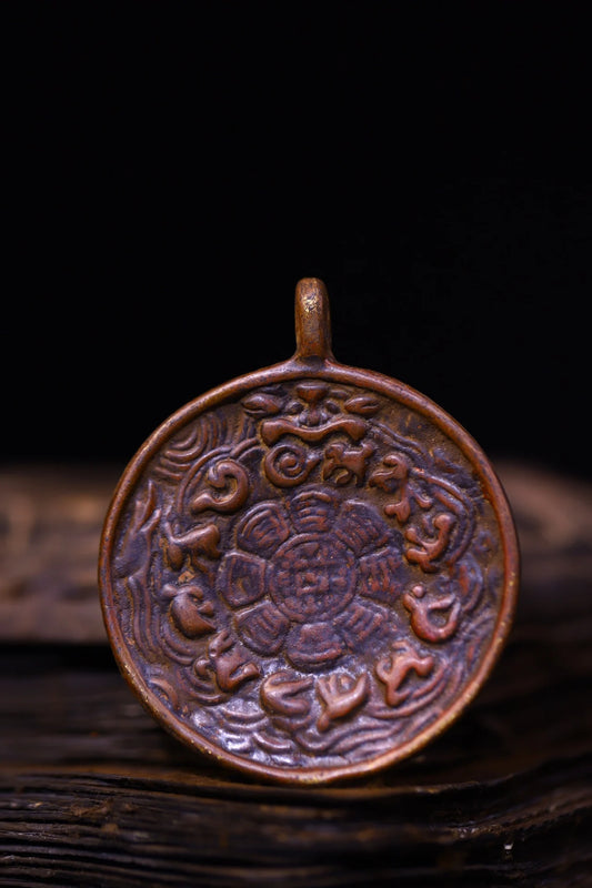 Tibetan Temple Bronze & Cinnabar Dragon Amulet – Buddha Card Pendant