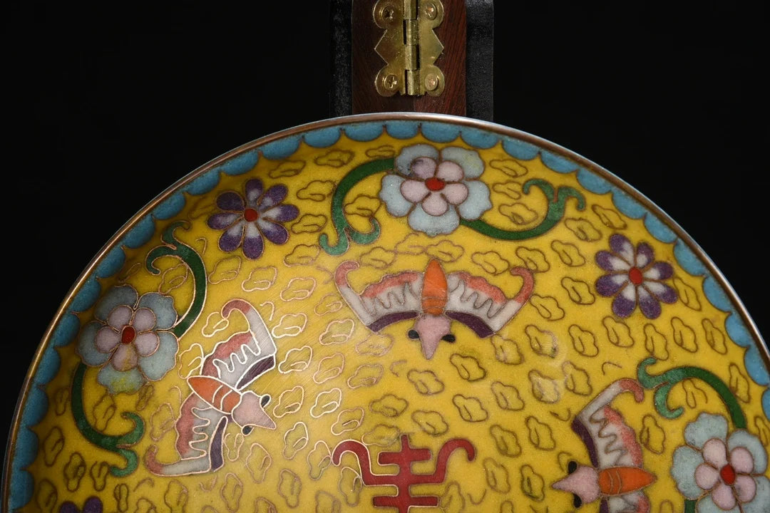 7"Tibetan Temple Collection Old Bronze Cloisonne Enamel Five bat patterns Longevity Reward Plate Amass wealth Ornaments