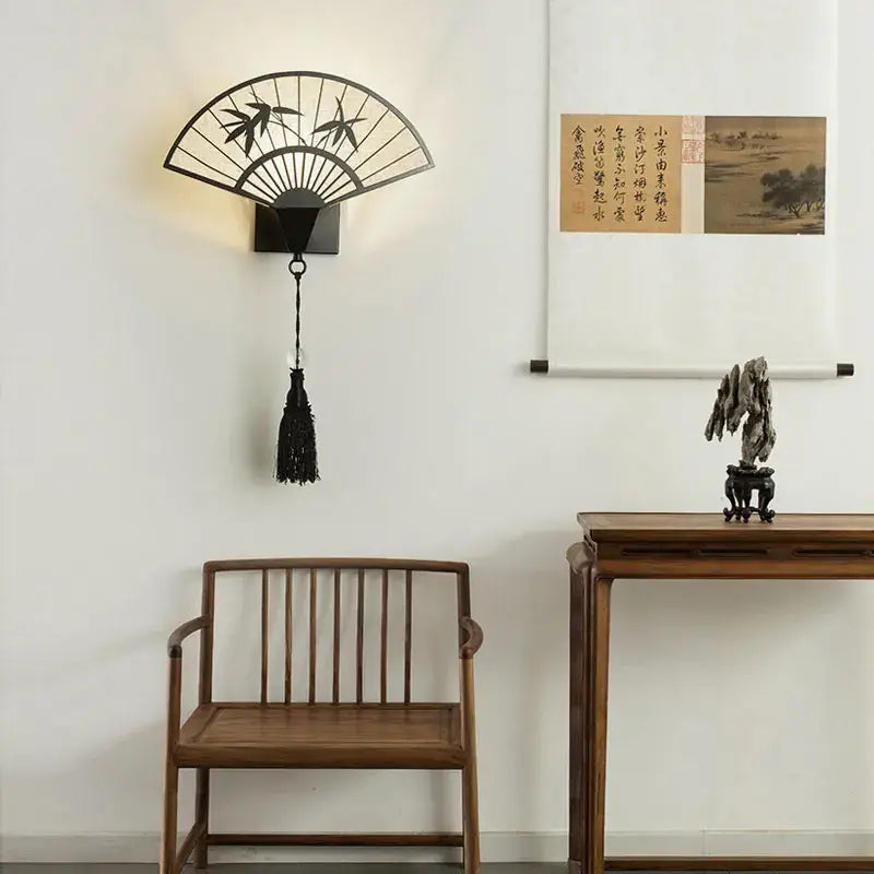 Lámpara de pared de hierro forjado estilo chino para ventilador, sala de estar, aplique de hoja de bambú