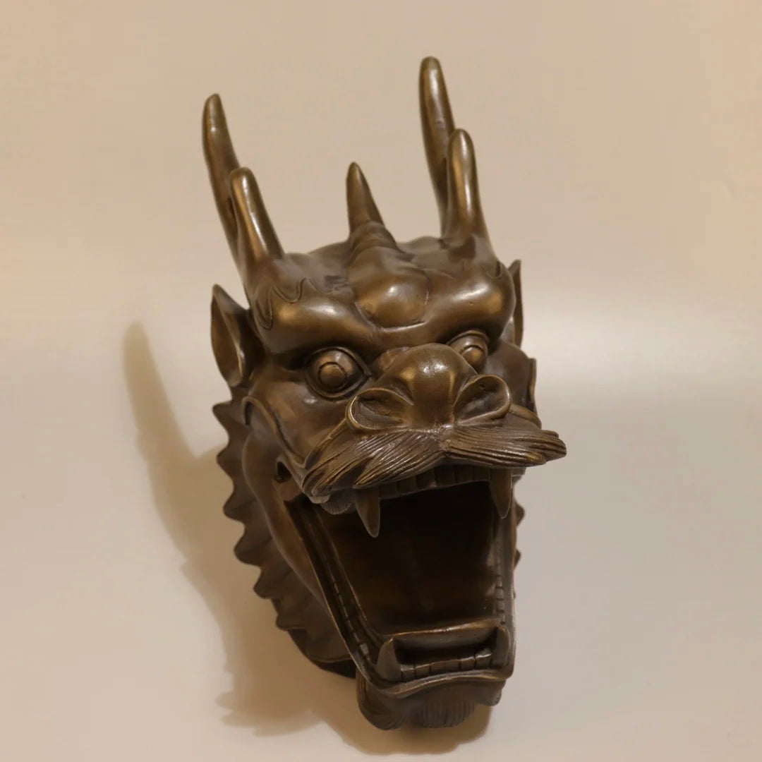 Chinese Brass Dragon Head (Loong) Wealth Guardian Statue (10")