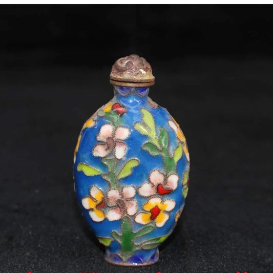 Botella de rapé china coleccionable de bronce filigrana con flor de ciruelo