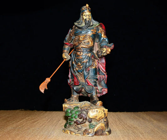 Tibetan Temple Boxwood Guan Gong Statue, Dragon Guardian 9"