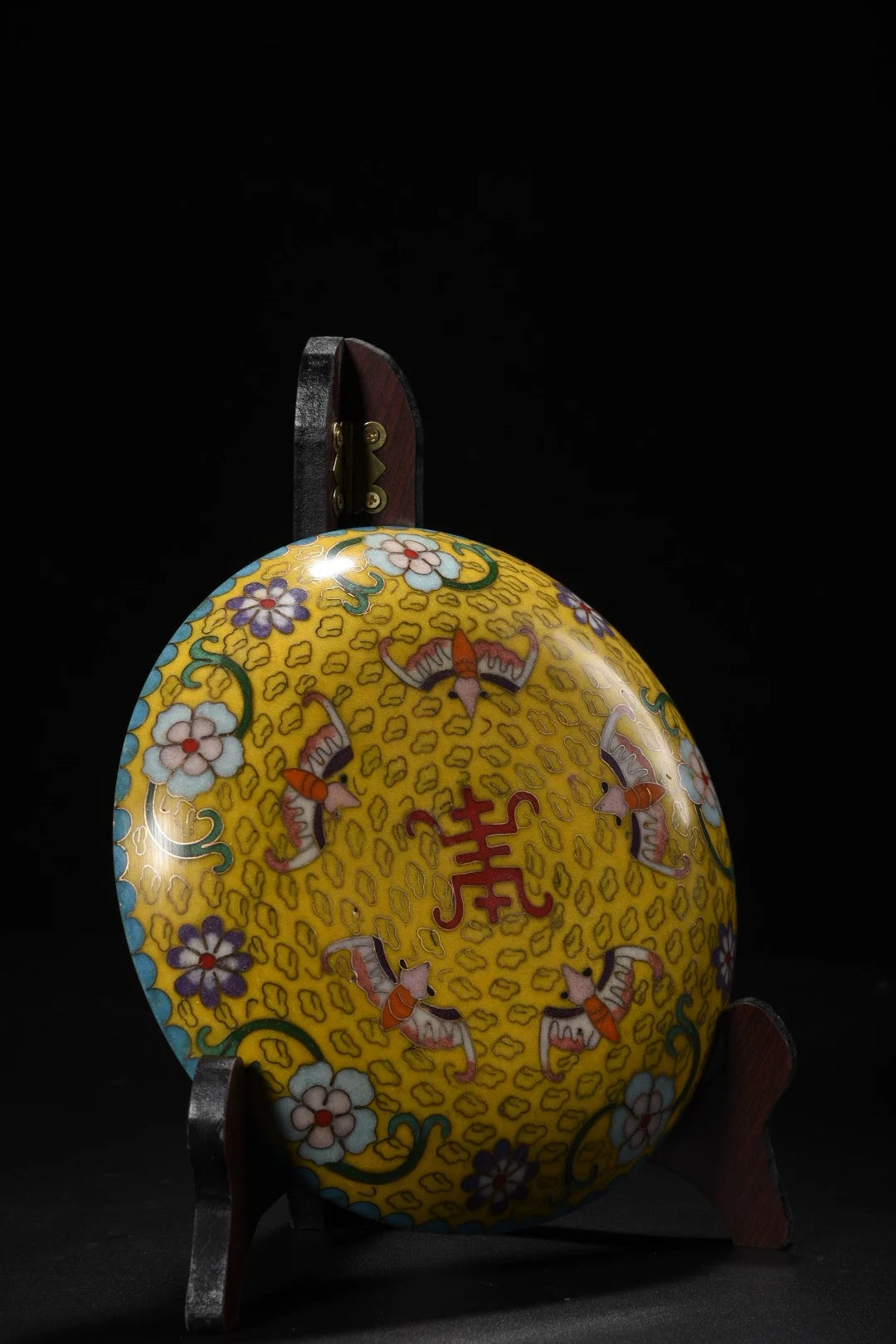 7"Tibetan Temple Collection Old Bronze Cloisonne Enamel Five bat patterns Longevity Reward Plate Amass wealth Ornaments