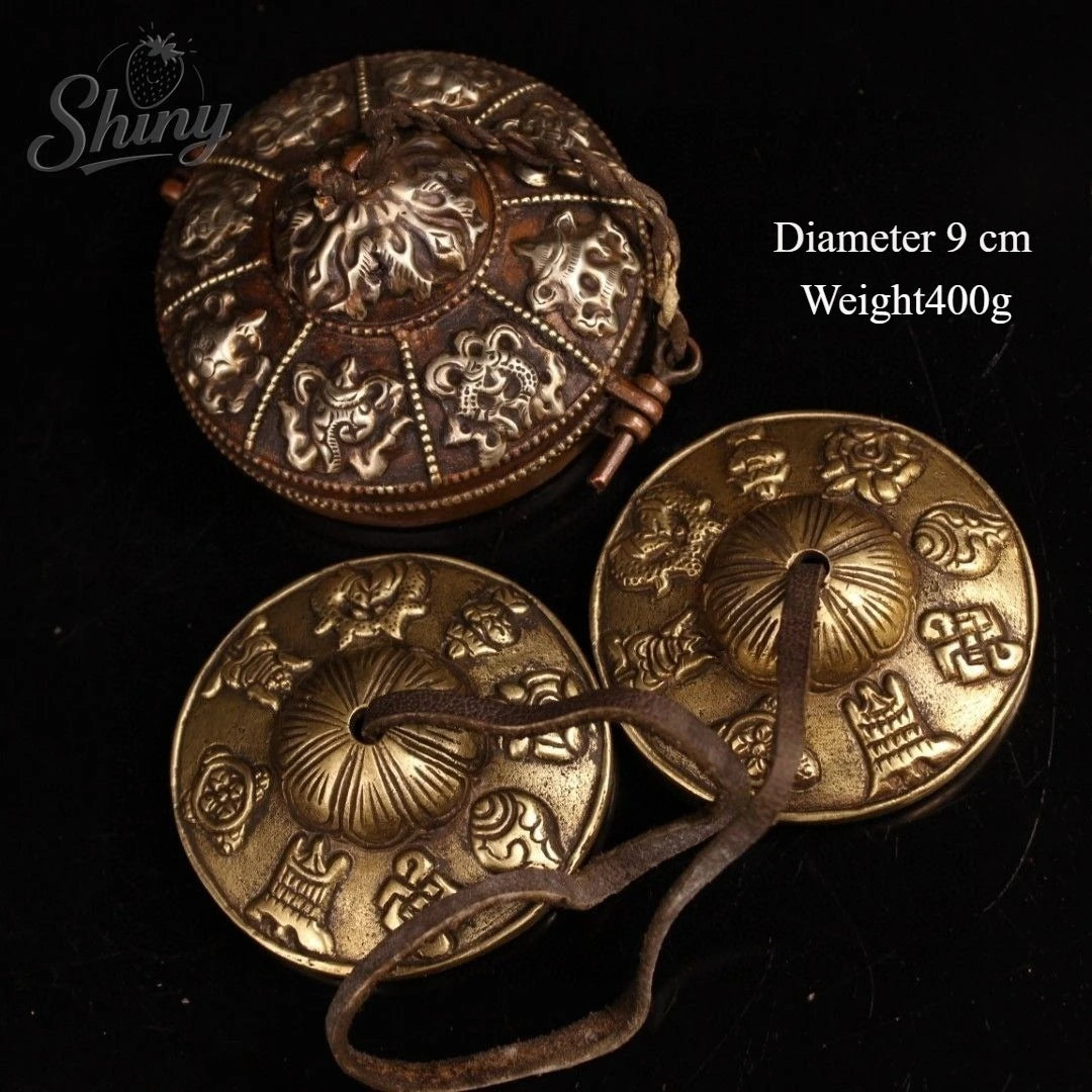 Tibetan Bronze Cinnabar Eight Treasures Bell & Box Set (3.5")