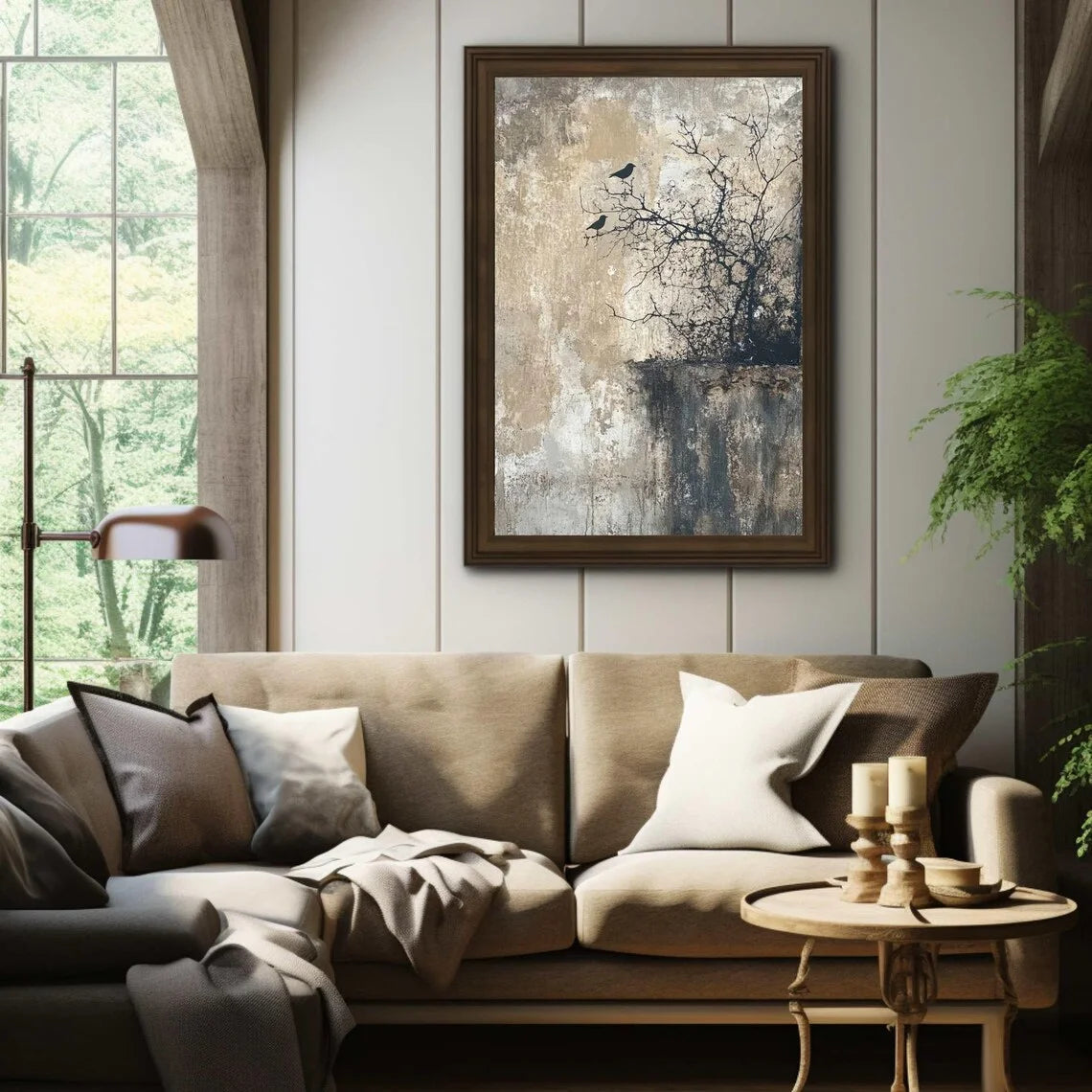 Ruhige Wabi-Sabi Vogel-Wandkunst – Strukturiertes Natur-Bild