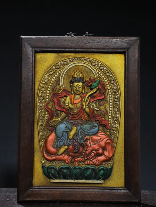 13"Tibetan Temple Collection Old Wood Carving Sitting Dragon Guanyin Bodhisattva Buddha Thangka hanging panel Worship Hall