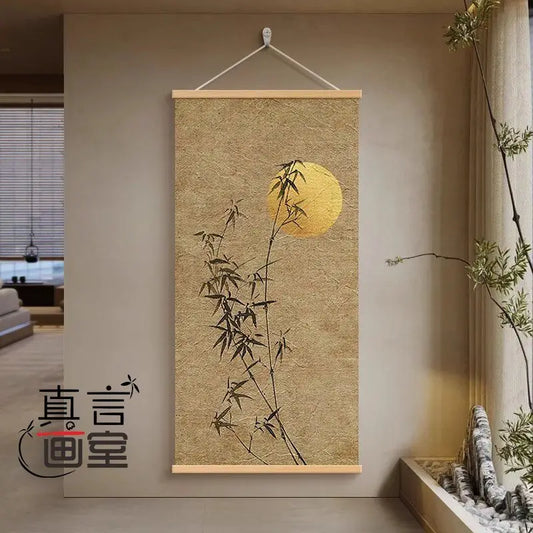Vintage Chinese Bamboo Scroll Tapestry Wall Hanging - Zen Aesthetic Room Decor for Tea Room & Hallway Retro Art Hanging Painting